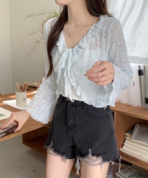 Beststore(ベストストア)の「レース カーディガン シアー レディース 夏 長袖 UVカット 防晒 シースルー ショート丈 フリル リボン ボレロ サマーカーディガン 羽織り(カーディガン/ボレロ・レディース・アイボリー/ホワイト/ピンク/ライトブルー/ブラック・FREE)」の11枚目の写真