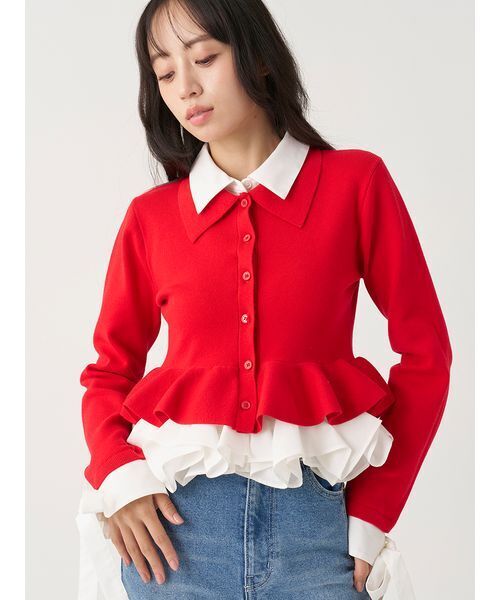 SNIDEL（スナイデル）の「【多色展開】ボリュームフリルペプラムカーディガン（カーディガン/ボレロ・レディース・グレー/レッド/ブラウン/ネイビー/ブラック・F）」の11枚目の写真