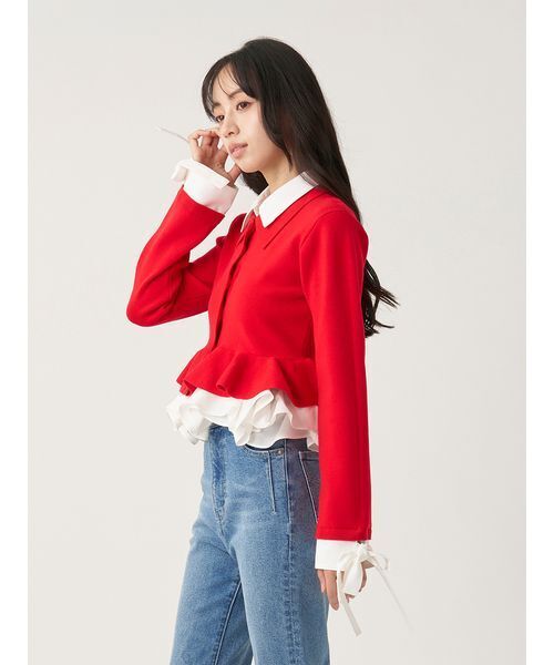 SNIDEL（スナイデル）の「【多色展開】ボリュームフリルペプラムカーディガン（カーディガン/ボレロ・レディース・グレー/レッド/ブラウン/ネイビー/ブラック・F）」の13枚目の写真