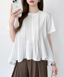 プリーツフレアトップス フレア 半袖 カットソー Tシャツ チュニック 半袖 プリーツ 切り替え トップス ドッキング シャツ フィッシュテール 春服 夏服
