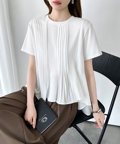 COCOMOMO(ココモモ)の「プリーツフレアトップス フレア 半袖 カットソー Tシャツ チュニック 半袖 プリーツ 切り替え トップス ドッキング シャツ フィッシュテール 春服 夏服(Tシャツ/カットソー・レディース・ホワイト・FREE)」の9枚目の写真
