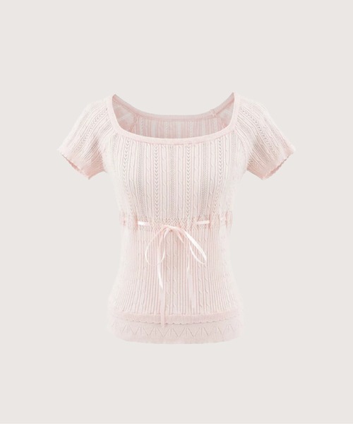 LA POMME petit（ラポミ・プチ）の「Square Neck Drawstring Knit Top/スクエアネックドローストリングニットトップス（Tシャツ/カットソー・レディース・ピンク/アイボリー/ブラック/ブルー・FREE）」の4枚目の写真