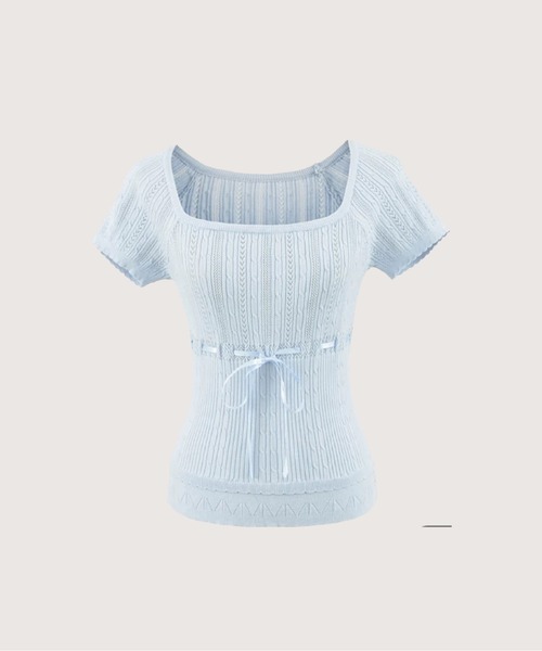 LA POMME petit（ラポミ・プチ）の「Square Neck Drawstring Knit Top/スクエアネックドローストリングニットトップス（Tシャツ/カットソー・レディース・ピンク/アイボリー/ブラック/ブルー・FREE）」の3枚目の写真