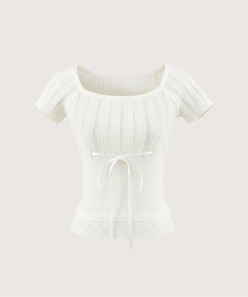 LA POMME petit（ラポミ・プチ）の「Square Neck Drawstring Knit Top/スクエアネックドローストリングニットトップス（Tシャツ/カットソー・レディース・ピンク/アイボリー/ブラック/ブルー・FREE）」の2枚目の写真