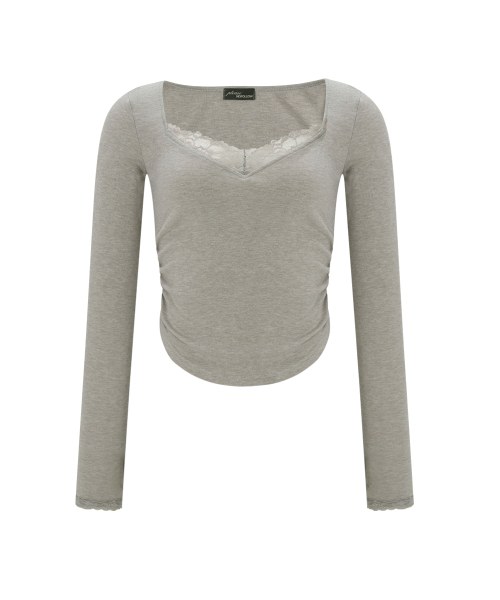 PLEASENOFOLLOW(プリーズノーフォロー)の「Vera Lace Shirring Long Sleeve Top (Mocha Grey)(Tシャツ/カットソー・レディース・その他・FREE)」の2枚目の写真