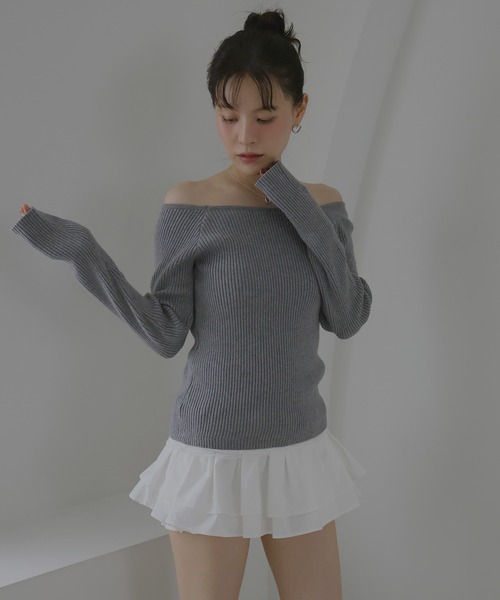 Mili affinity(ミリアフィニティー)の「カシミヤ混レース付オフショルニット(ニット/セーター・レディース・ブラック/アイボリー/杢グレー・FREE)」の3枚目の写真