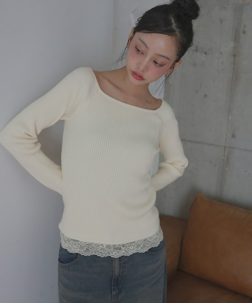 Mili affinity(ミリアフィニティー)の「カシミヤ混レース付オフショルニット(ニット/セーター・レディース・ブラック/アイボリー/杢グレー・FREE)」の5枚目の写真