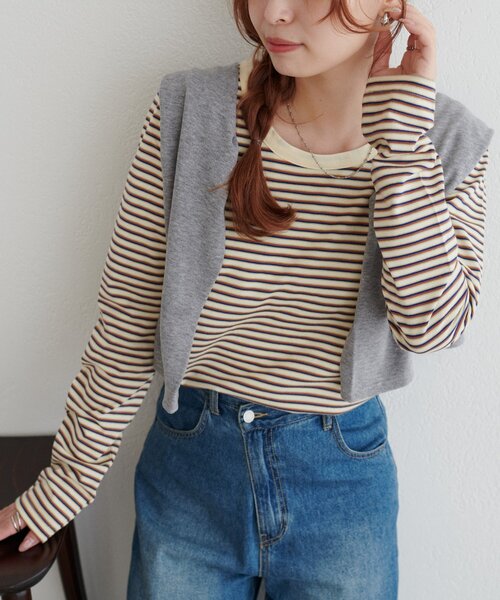 DISCOAT（ディスコート）の「【WEB限定】マルチボーダーUネックロングスリーブ（Tシャツ/カットソー・レディース・グレー/ネイビー/サックスブルー・FREE）」の22枚目の写真