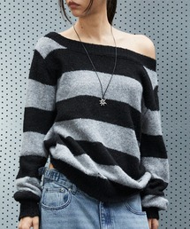 MAHAGRID（マハグリッド）の「『mahagrid マハグリット』DAMAGED OFF SHOULDER STRIPE KNIT ダメージオフショルダーボーダーニット（ニット/セーター）」