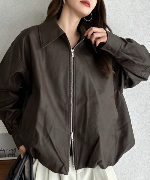 Eclat one(エクラワン)の「【Eclat One】オーバーサイズ フェイクレザー ブルゾン(ブルゾン・レディース・ブラウン/ブラック・FREE)」の3枚目の写真