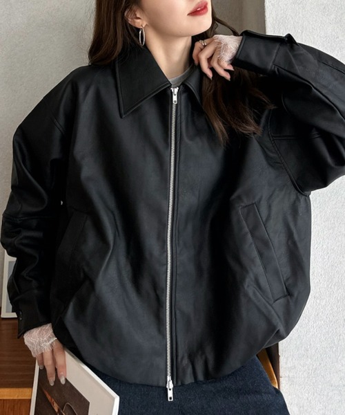 Eclat one(エクラワン)の「【Eclat One】オーバーサイズ フェイクレザー ブルゾン(ブルゾン・レディース・ブラウン/ブラック・FREE)」の14枚目の写真