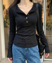 ヘンリーネック リブカットソー 長袖 ボタンデザイン ストレッチ トップス