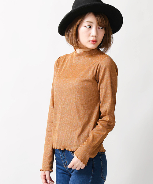 WEGO（ウィゴー）の「WEGO/ラメハイネックフリルTシャツ（Tシャツ/カットソー・レディース・ブラウン/シルバー/ブラック/ピンク・FREE）」の3枚目の写真