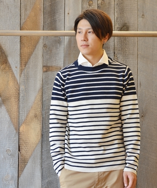 SHIPS JET BLUE（シップスジェットブルー）の「SHIPS JET BLUE: ショルダージップ ボーダーニット■（ニット/セーター・メンズ・グレー/ブラウン/ナチュラル/ネイビー・SMALL/MEDIUM/LARGE）」の3枚目の写真