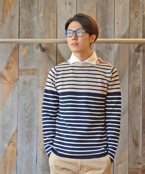 SHIPS JET BLUE（シップスジェットブルー）の「SHIPS JET BLUE: ショルダージップ ボーダーニット■（ニット/セーター・メンズ・グレー/ブラウン/ナチュラル/ネイビー・SMALL/MEDIUM/LARGE）」の4枚目の写真