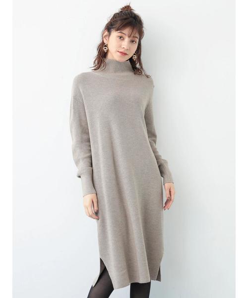 Editt by YECCA VECCA（エディットバイイェッカヴェッカ）の「・衿釦ハイネックニットワンピース（ワンピース・レディース・ベージュ/ネイビー/杢グレー・FREE）」の4枚目の写真