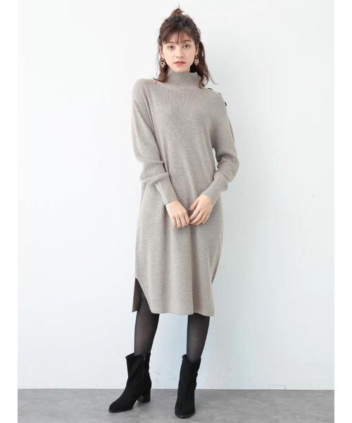 Editt by YECCA VECCA（エディットバイイェッカヴェッカ）の「・衿釦ハイネックニットワンピース（ワンピース・レディース・ベージュ/ネイビー/杢グレー・FREE）」の10枚目の写真