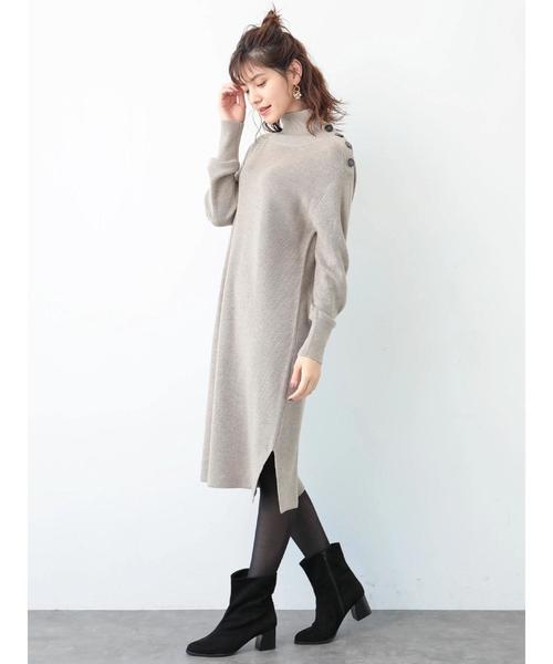 Editt by YECCA VECCA（エディットバイイェッカヴェッカ）の「・衿釦ハイネックニットワンピース（ワンピース・レディース・ベージュ/ネイビー/杢グレー・FREE）」の5枚目の写真