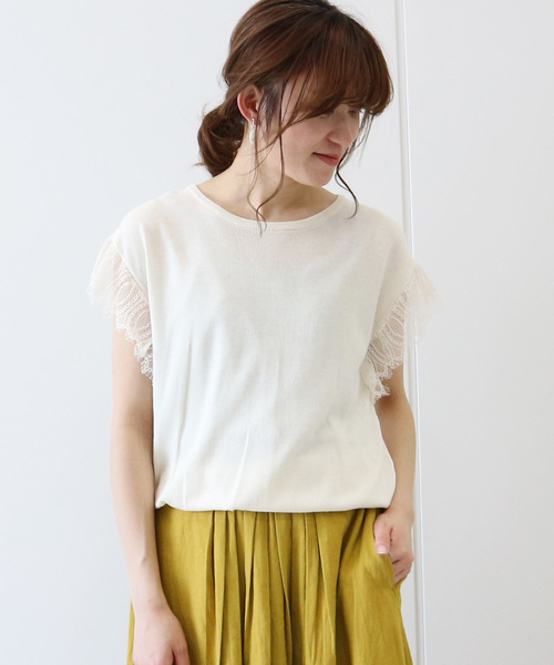 AMERICAN HOLIC（アメリカンホリック）の「袖レースニットプルオーバー（ニット/セーター・レディース・チャコールグレー/ネイビー/サックスブルー/アイボリー・M/L）」の2枚目の写真