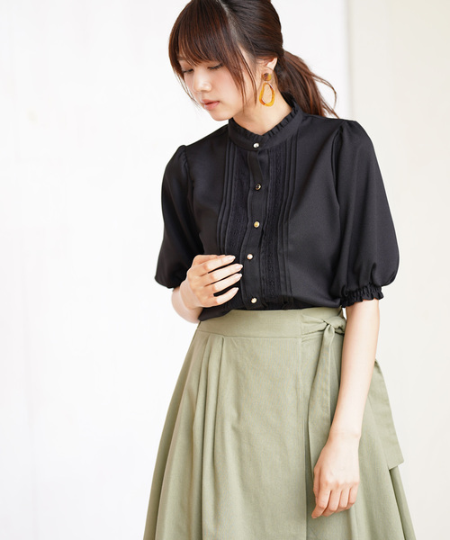 rps（アールピーエス）の「色々釦５分袖フリルプチハイネックブラウス（シャツ/ブラウス・レディース・ブラック/オフホワイト・M）」の4枚目の写真