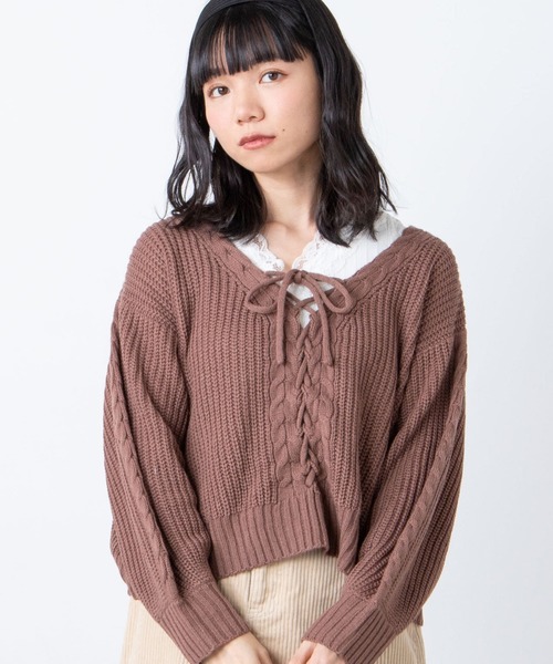 WEGO(ウィゴー)の「WEGO/レースアップセーター(ニット/セーター・レディース・ブラウン/アイボリー・FREE)」の2枚目の写真