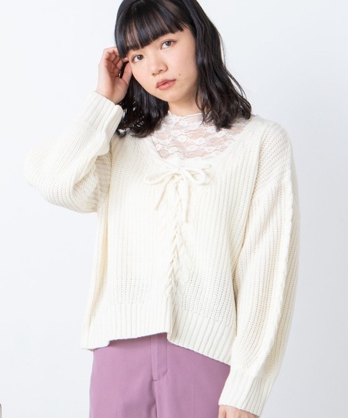 WEGO(ウィゴー)の「WEGO/レースアップセーター(ニット/セーター・レディース・ブラウン/アイボリー・FREE)」の1枚目の写真