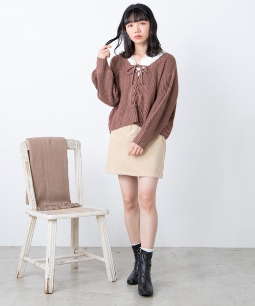 WEGO(ウィゴー)の「WEGO/レースアップセーター(ニット/セーター・レディース・ブラウン/アイボリー・FREE)」の7枚目の写真