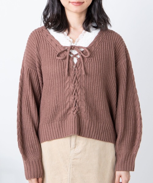 WEGO(ウィゴー)の「WEGO/レースアップセーター(ニット/セーター・レディース・ブラウン/アイボリー・FREE)」の12枚目の写真