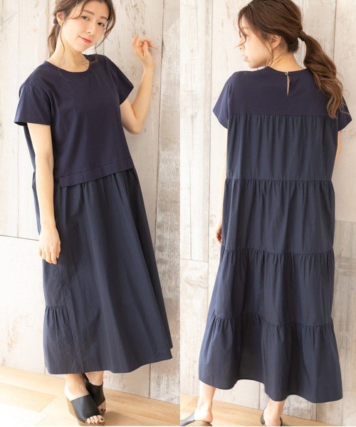 PREFERIR(プレフェリール)の「バックシャン うしろ ティアード 半袖 マキシワンピース(ワンピース・レディース・ブラック/ネイビー/カーキ・SMALL/MEDIUM/LARGE)」の3枚目の写真