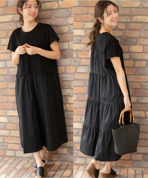 PREFERIR(プレフェリール)の「バックシャン うしろ ティアード 半袖 マキシワンピース(ワンピース・レディース・ブラック/ネイビー/カーキ・SMALL/MEDIUM/LARGE)」の2枚目の写真