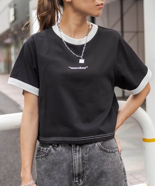 RASVOA（ラスボア）の「ワンポイントロゴリンガーＴシャツ（Tシャツ/カットソー・レディース・ブラック/オフホワイト/ブルー/グリーン・FREE）」の2枚目の写真