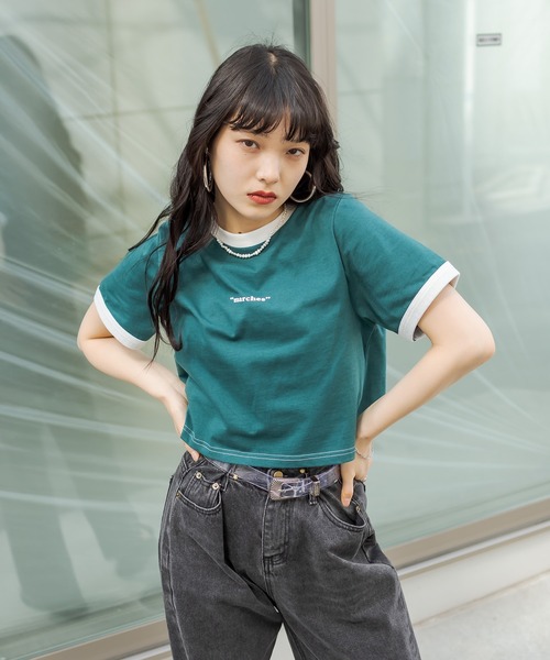 RASVOA（ラスボア）の「ワンポイントロゴリンガーＴシャツ（Tシャツ/カットソー・レディース・ブラック/オフホワイト/ブルー/グリーン・FREE）」の5枚目の写真