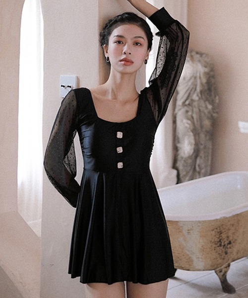 長袖シースルースクエアネックモノトーンワンピ ショートパンツ 水着 2点セット 水着 Teddyshop テディショップ のファッション 水着 着物 浴衣 レディース水着