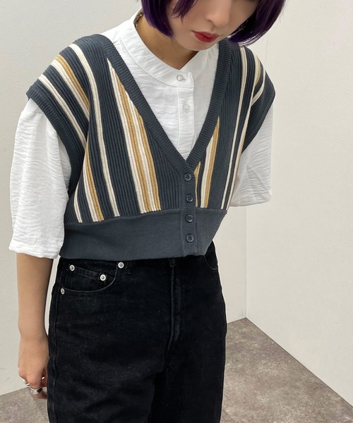 apres jour mignon（アプレジュールミニョン）の「ストライプ２ＷＡＹビスチェ【ZOZOTOWN限定アイテム】（ベスト・レディース・アイボリー/ダークブルー/ブラック系その他・X-LARGE/フリー）」の22枚目の写真