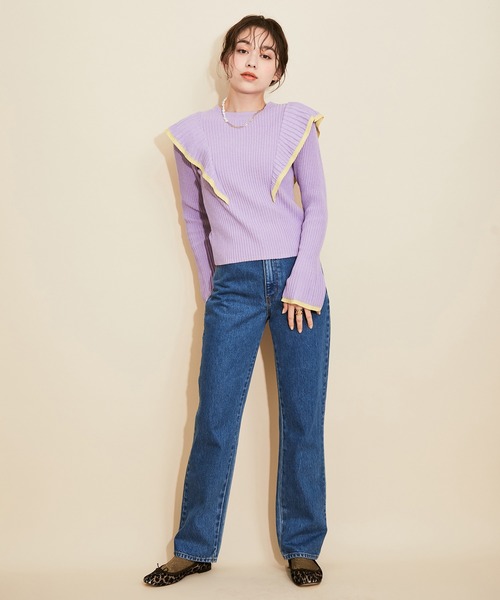 MADEMOISELLE ROPE'(マドモアゼル ロペ)の「【セットアップ対応】ラメフリルリブニットプルオーバー(ニット/セーター・レディース・ベージュ/ラベンダー・38)」の4枚目の写真