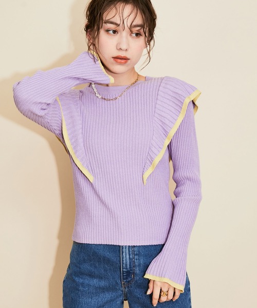 MADEMOISELLE ROPE'(マドモアゼル ロペ)の「【セットアップ対応】ラメフリルリブニットプルオーバー(ニット/セーター・レディース・ベージュ/ラベンダー・38)」の6枚目の写真