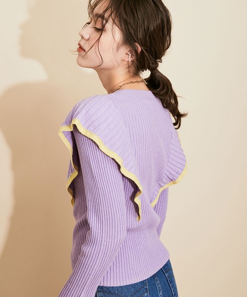 MADEMOISELLE ROPE'(マドモアゼル ロペ)の「【セットアップ対応】ラメフリルリブニットプルオーバー(ニット/セーター・レディース・ベージュ/ラベンダー・38)」の8枚目の写真