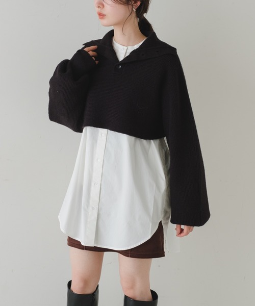 Kastane（カスタネ）の「【新色追加】ハイネッククロップドニット×BIGシャツSET（ニット/セーター・レディース・ダークブラウン/アイボリー/グリーン系その他/ブラック・FREE）」の2枚目の写真
