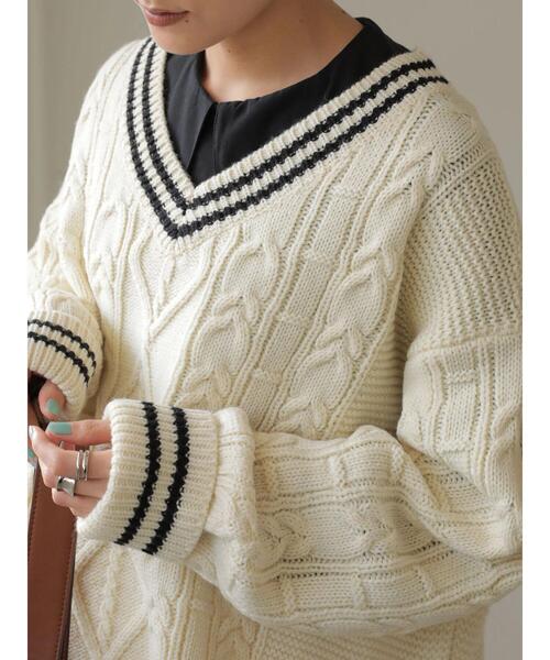 セール】Vネックチルデンケーブルニットプルオーバー（ニット/セーター
