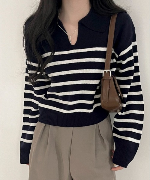 BEIDELLI（ベイデリー）の「[BELLIDE MADE] スキッパーネックボーダークロップニット（Tシャツ/カットソー・レディース・アイボリー/ネイビー/スカイブルー・FREE）」の3枚目の写真