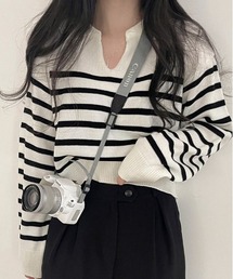 [BELLIDE MADE] スキッパーネックボーダークロップニット
