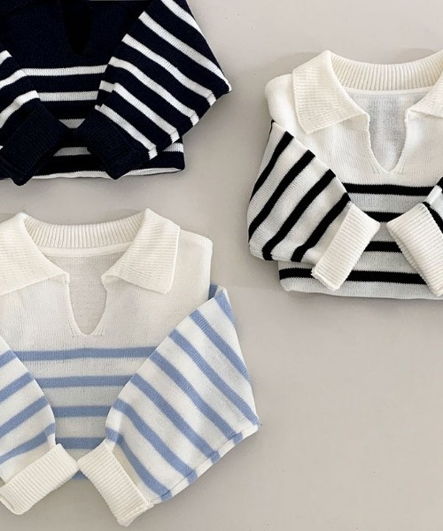 BEIDELLI（ベイデリー）の「[BELLIDE MADE] スキッパーネックボーダークロップニット（Tシャツ/カットソー・レディース・アイボリー/ネイビー/スカイブルー・FREE）」の14枚目の写真