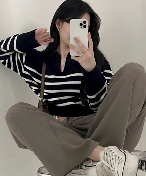 BEIDELLI（ベイデリー）の「[BELLIDE MADE] スキッパーネックボーダークロップニット（Tシャツ/カットソー・レディース・アイボリー/ネイビー/スカイブルー・FREE）」の21枚目の写真