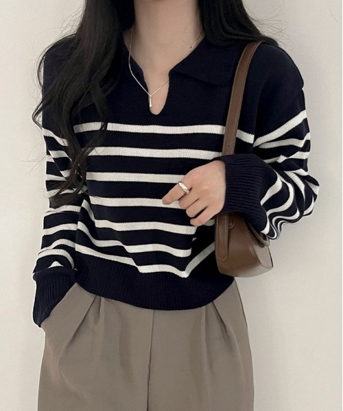 BEIDELLI（ベイデリー）の「[BELLIDE MADE] スキッパーネックボーダークロップニット（Tシャツ/カットソー・レディース・アイボリー/ネイビー/スカイブルー・FREE）」の12枚目の写真