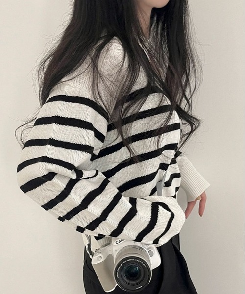 BEIDELLI（ベイデリー）の「[BELLIDE MADE] スキッパーネックボーダークロップニット（Tシャツ/カットソー・レディース・アイボリー/ネイビー/スカイブルー・FREE）」の19枚目の写真