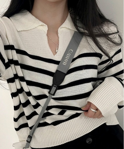 BEIDELLI（ベイデリー）の「[BELLIDE MADE] スキッパーネックボーダークロップニット（Tシャツ/カットソー・レディース・アイボリー/ネイビー/スカイブルー・FREE）」の15枚目の写真