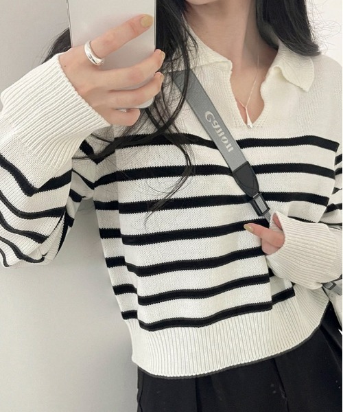 BEIDELLI（ベイデリー）の「[BELLIDE MADE] スキッパーネックボーダークロップニット（Tシャツ/カットソー・レディース・アイボリー/ネイビー/スカイブルー・FREE）」の22枚目の写真