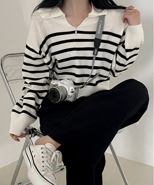 BEIDELLI（ベイデリー）の「[BELLIDE MADE] スキッパーネックボーダークロップニット（Tシャツ/カットソー・レディース・アイボリー/ネイビー/スカイブルー・FREE）」の8枚目の写真