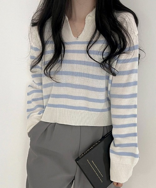 BEIDELLI（ベイデリー）の「[BELLIDE MADE] スキッパーネックボーダークロップニット（Tシャツ/カットソー・レディース・アイボリー/ネイビー/スカイブルー・FREE）」の5枚目の写真