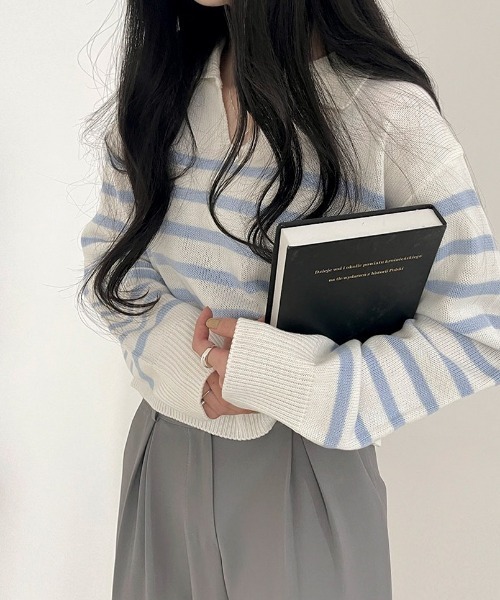 BEIDELLI（ベイデリー）の「[BELLIDE MADE] スキッパーネックボーダークロップニット（Tシャツ/カットソー・レディース・アイボリー/ネイビー/スカイブルー・FREE）」の13枚目の写真